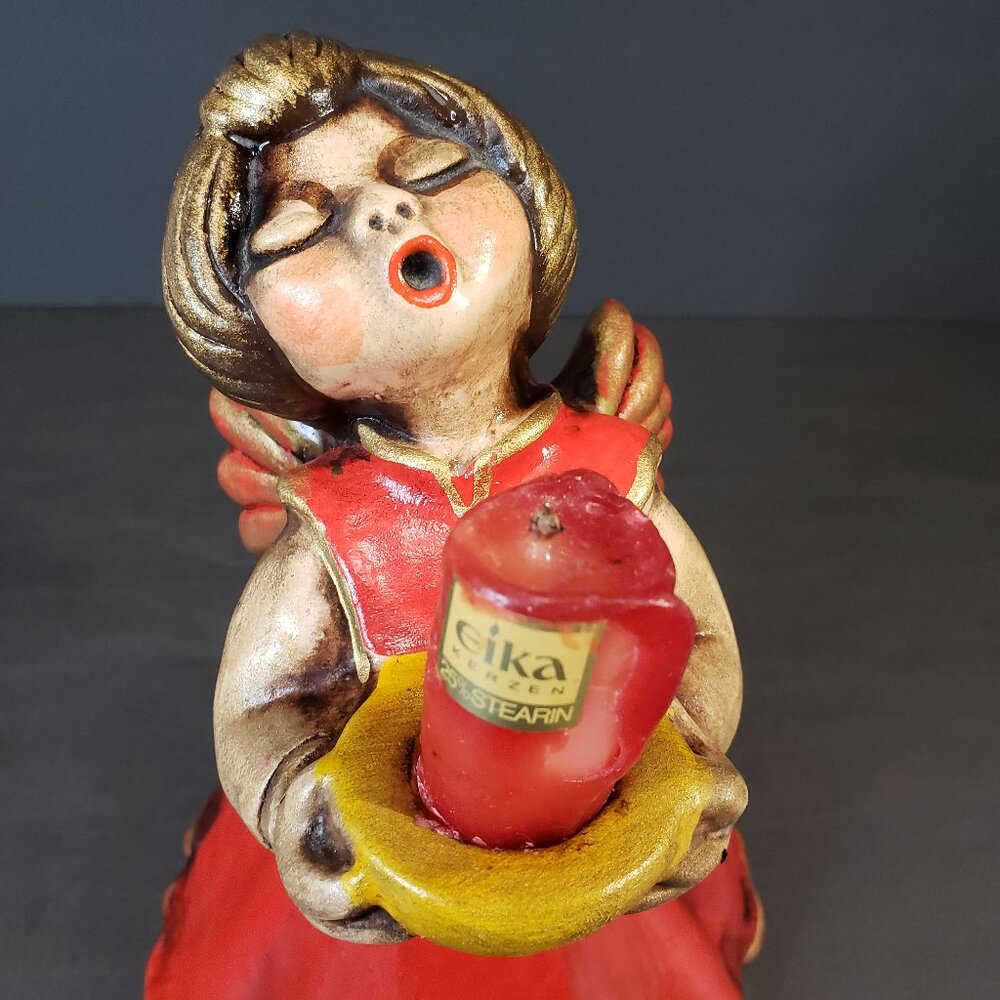 Vintage MCM Bozner Engel Thun Red Singing Angel Figurine Christmas Candle Holder